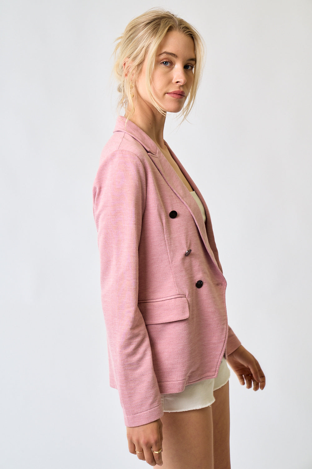 Double Breasted Knit Blazer in Blush Pink