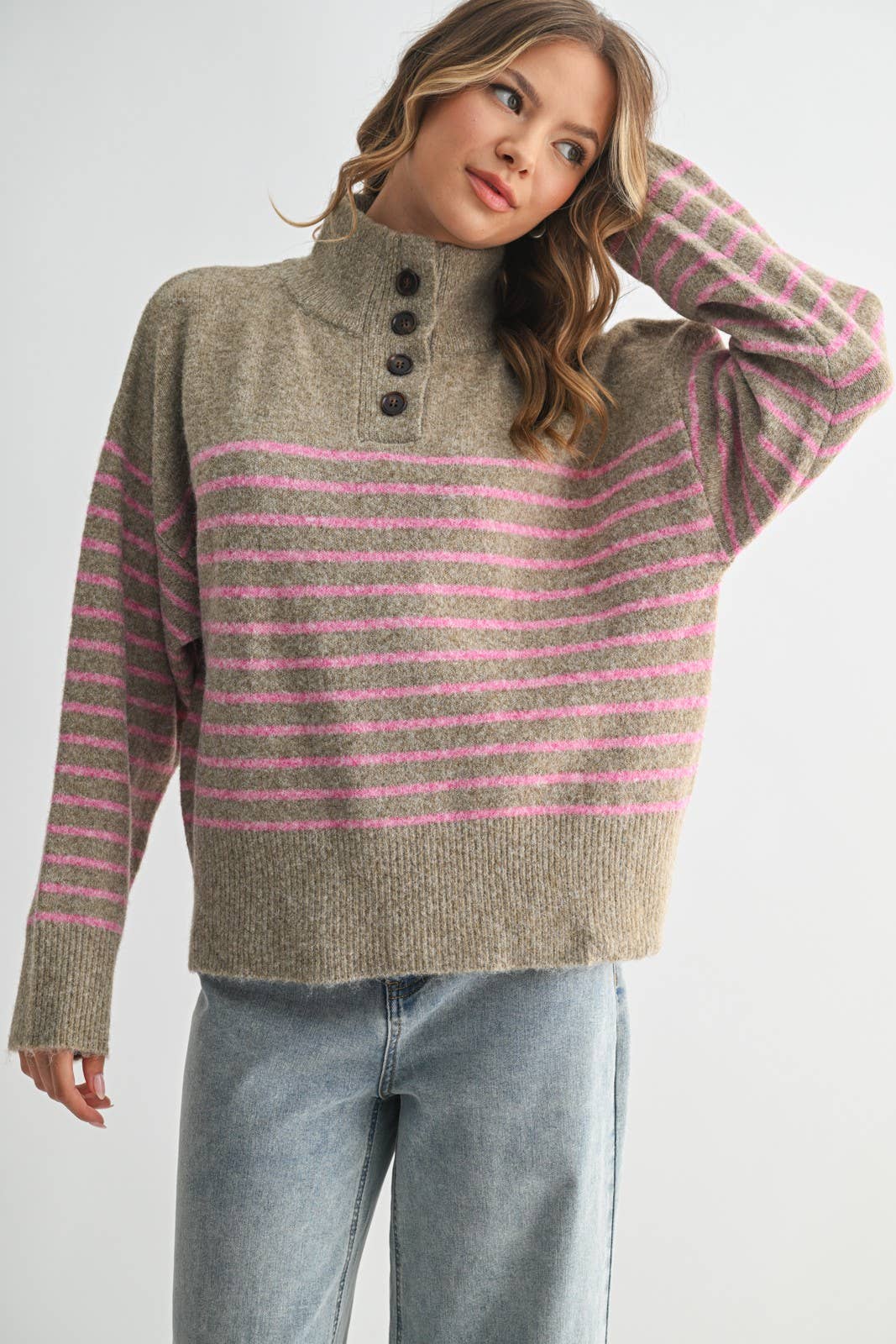 Striped Button Up Sweater in Mocha & Pink