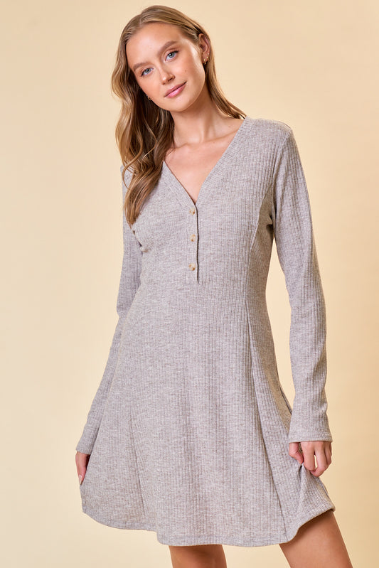 Long Sleeve Fit & Flair Dress in Oatmeal - FINAL SALE