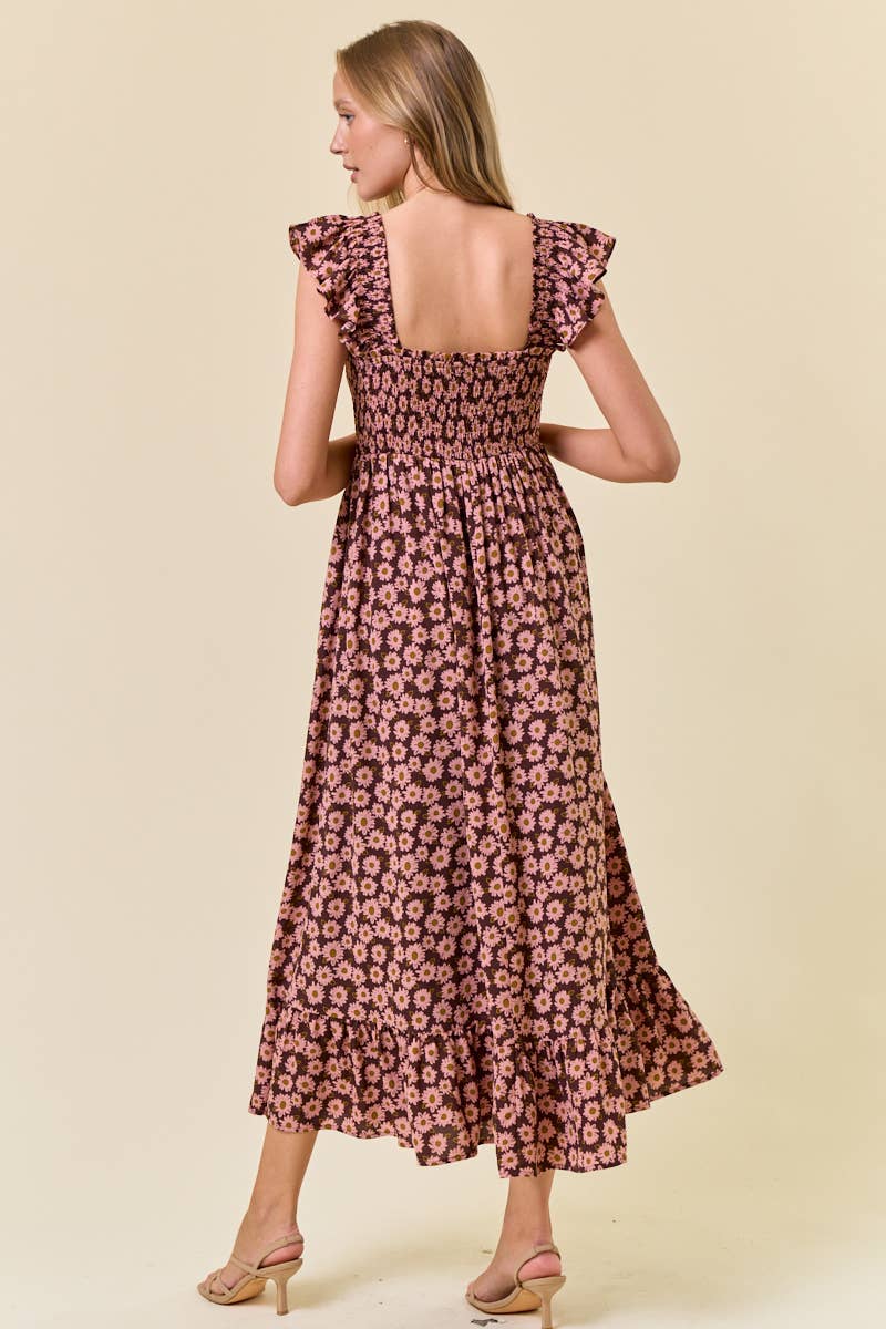 Chocolate & Pink Floral Smocked Midi Dress
