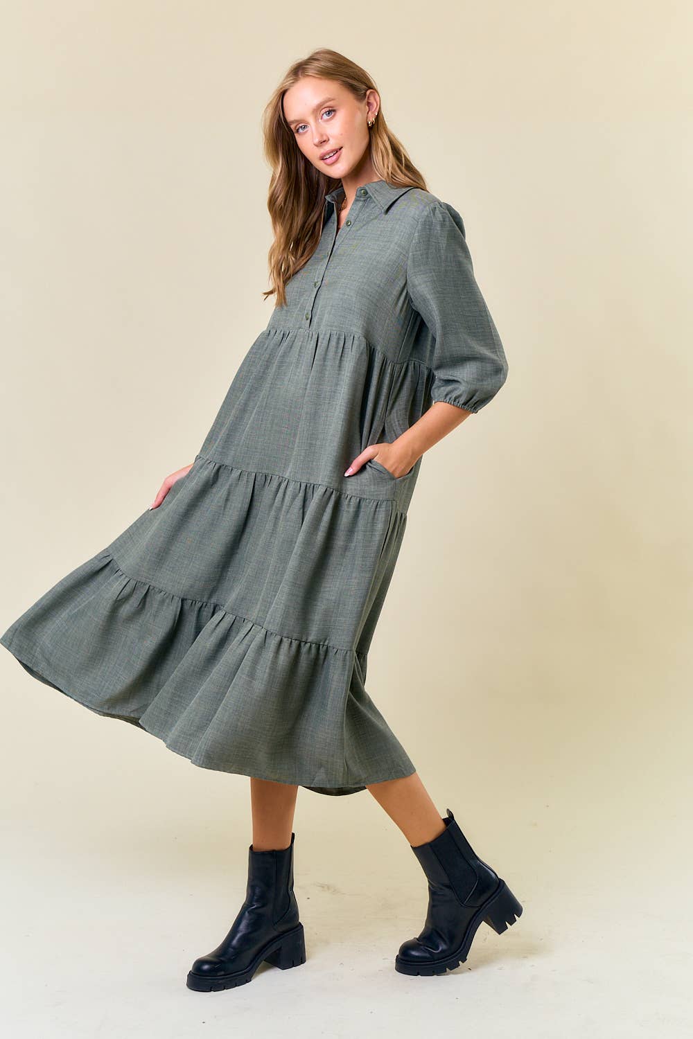 Button Down 3/4 Sleeve Tiered Midi Dress in Olive