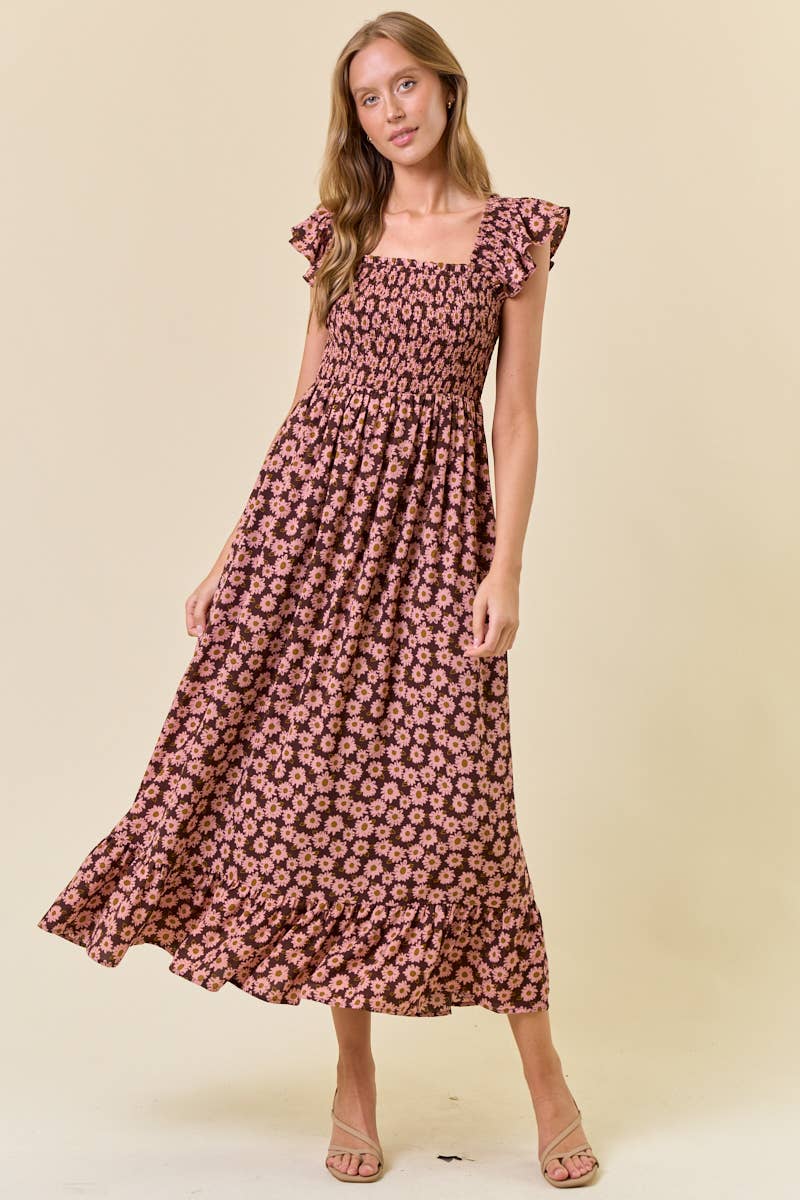 Chocolate & Pink Floral Smocked Midi Dress