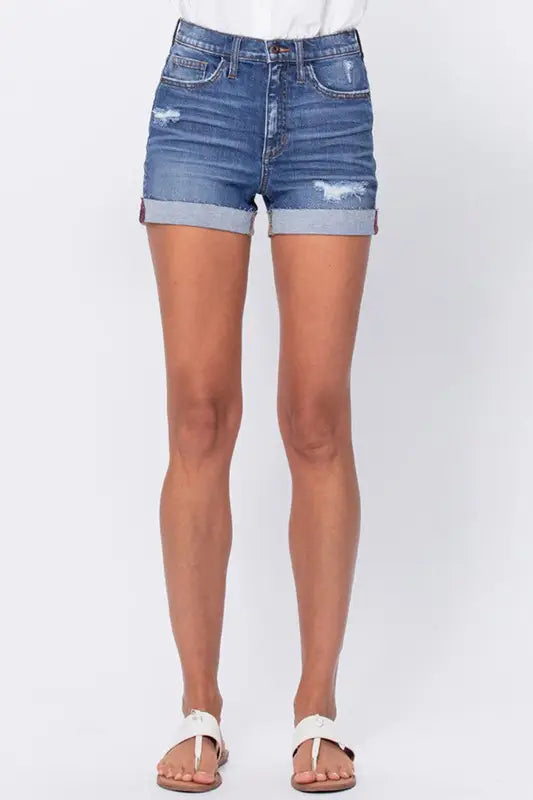 High Rise Shorts With Distress And Raw Cuff Hem - FINAL SALE