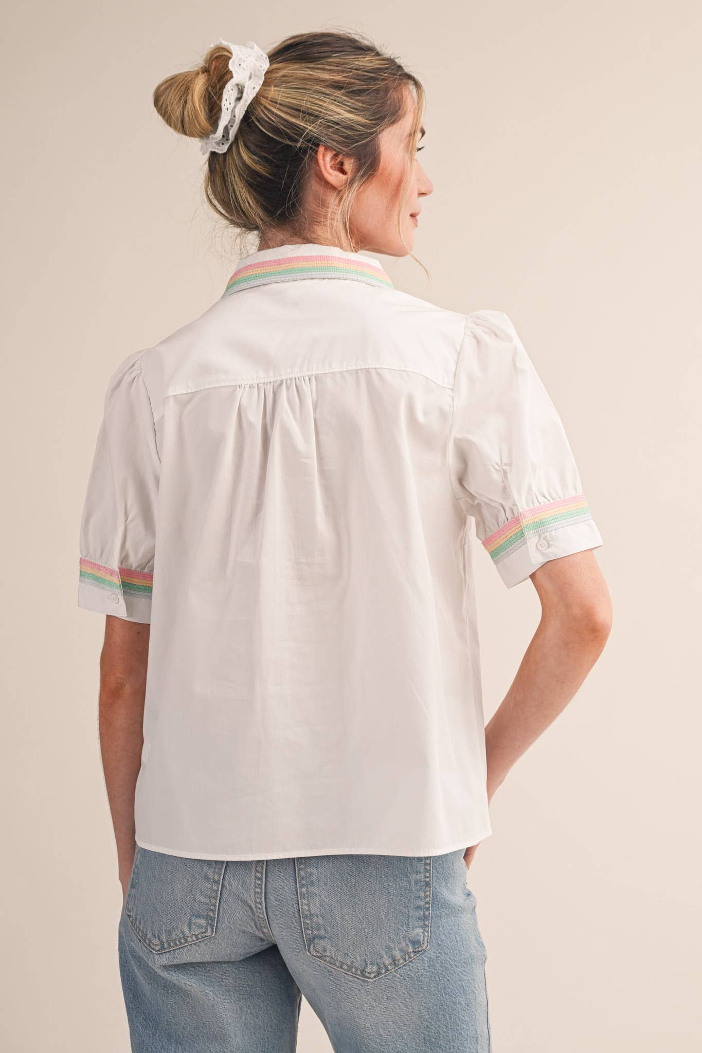 Pastel Pop Short Sleeve Button-Up in White