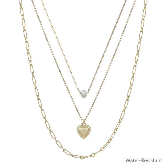 Water Resistant Gold Chain with Gold Puffy Heart and Pearl