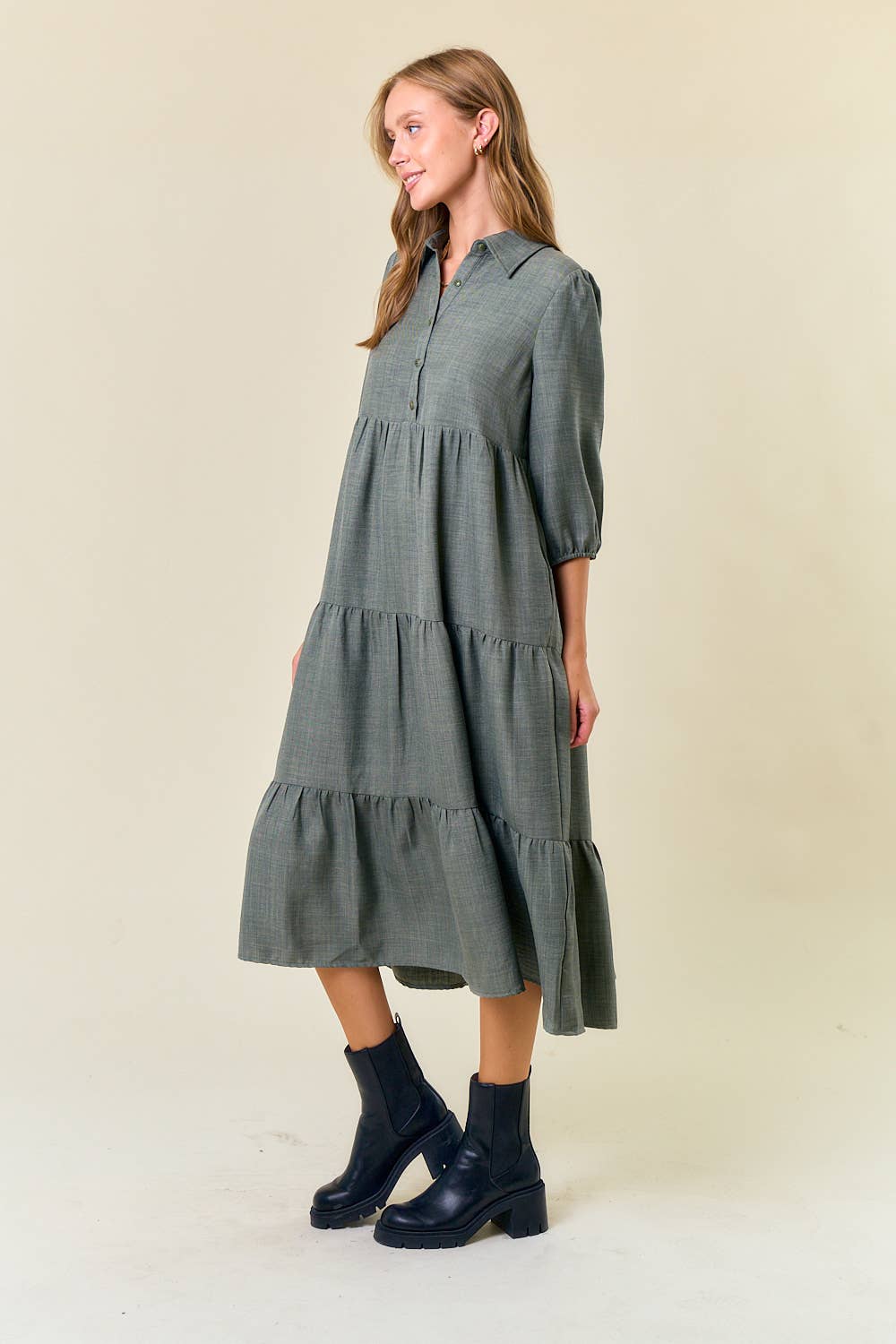 Button Down 3/4 Sleeve Tiered Midi Dress in Olive