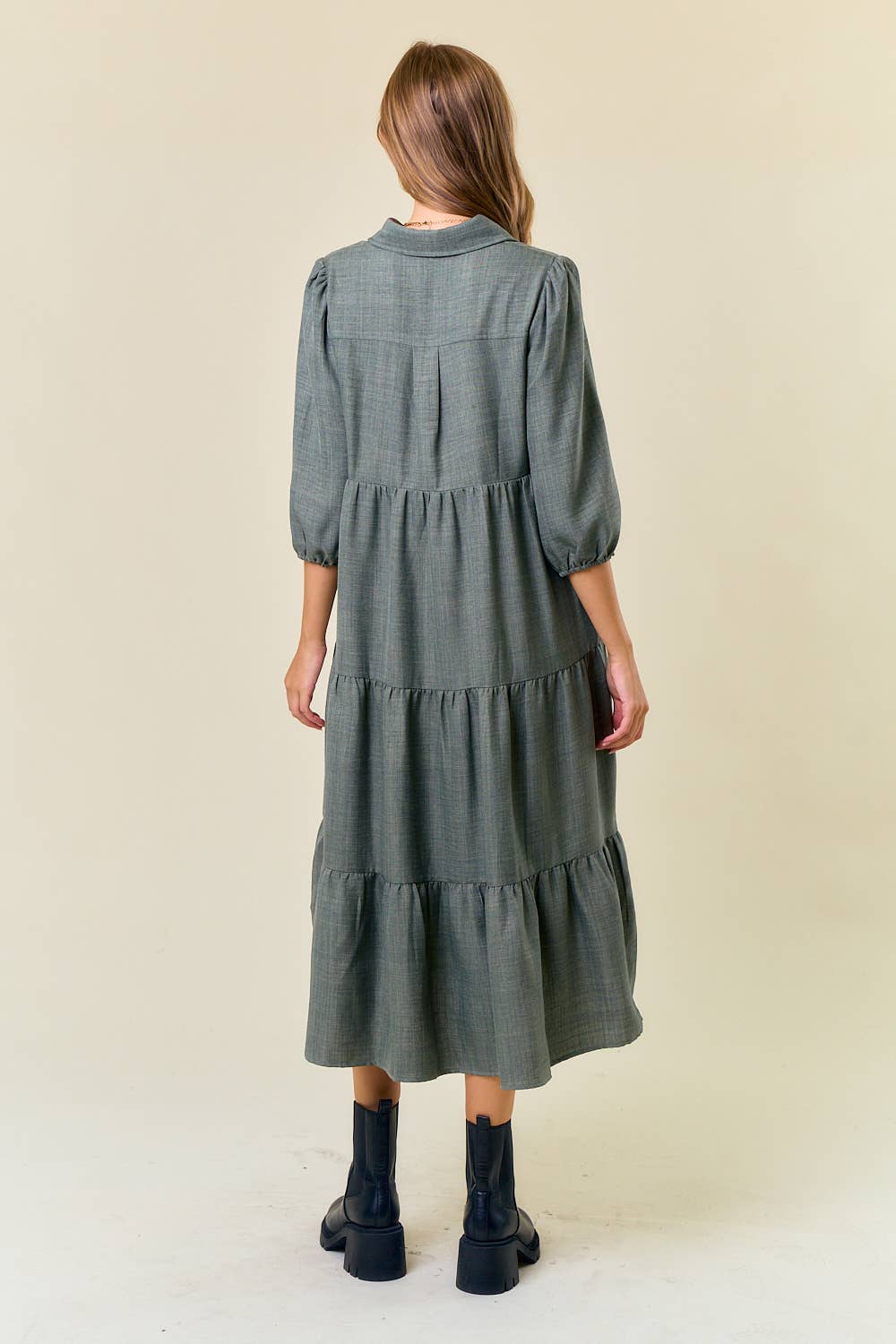 Button Down 3/4 Sleeve Tiered Midi Dress in Olive