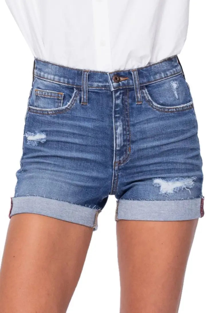 High Rise Shorts With Distress And Raw Cuff Hem - FINAL SALE