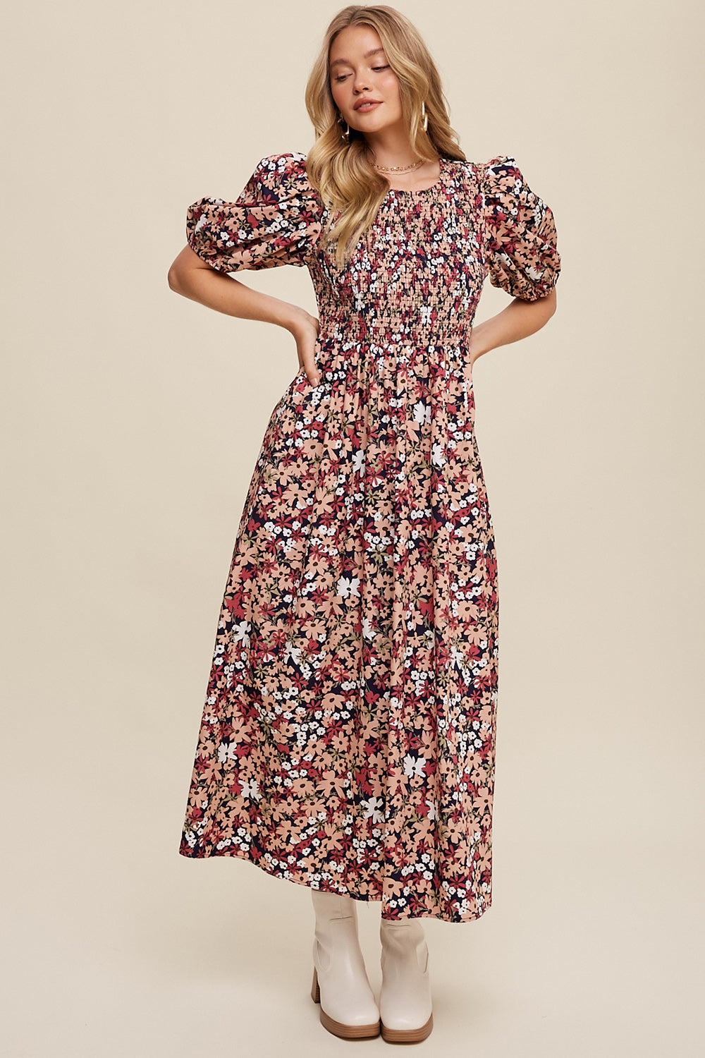 Flower Print Smocked Maxi Dress in Navy with Pink Flowers
