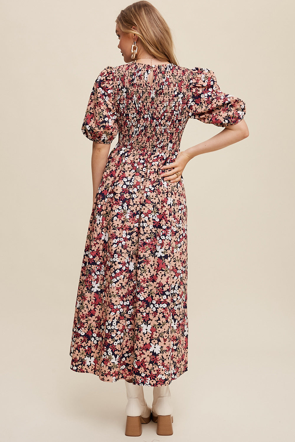 Flower Print Smocked Maxi Dress in Navy with Pink Flowers
