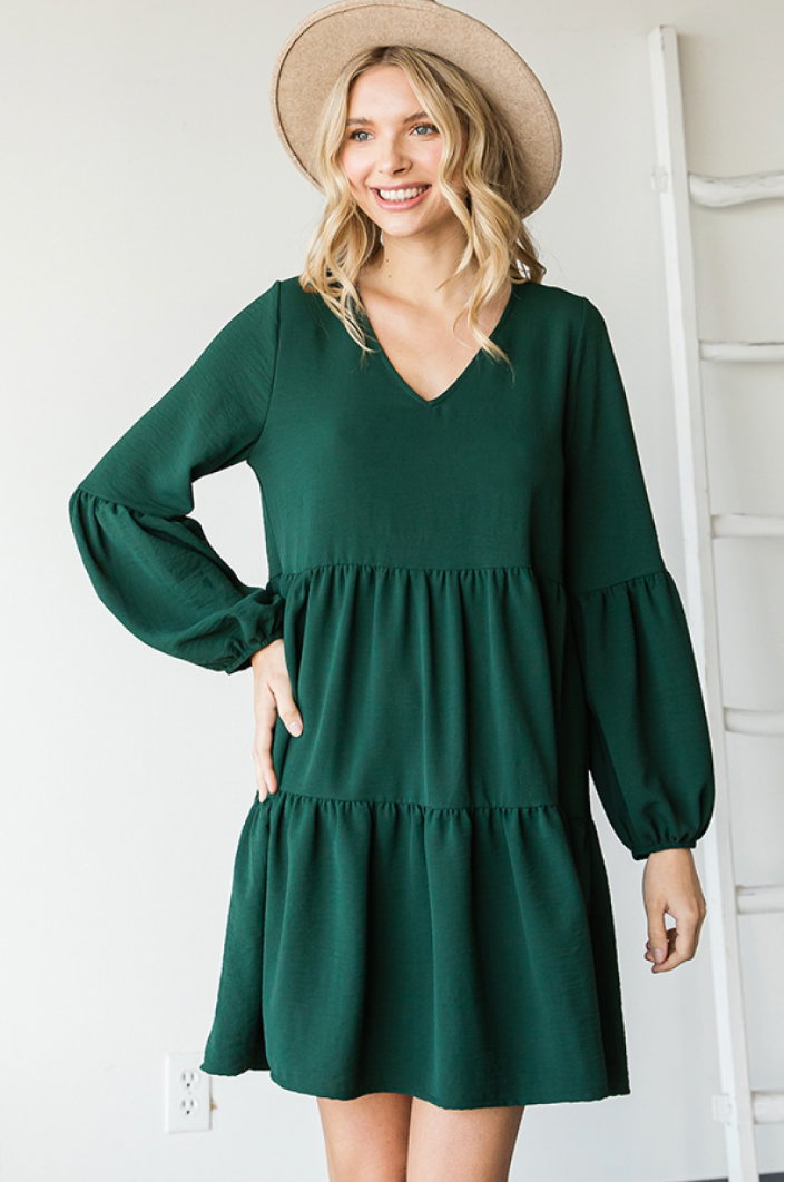 Tiered V-Neck Dress in Hunter Green