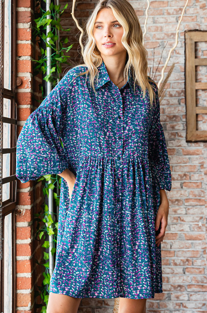 Abstract Print Babydoll Dress in Teal - FINAL SALE