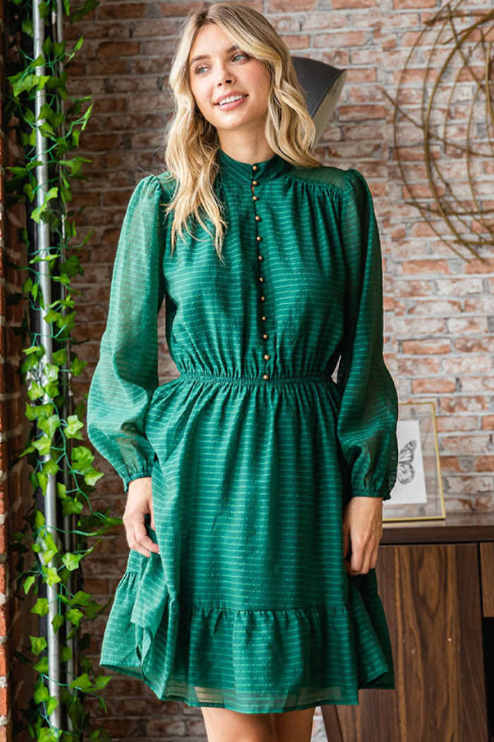 Striped Button Down Longsleeve Dress in Hunter Green
