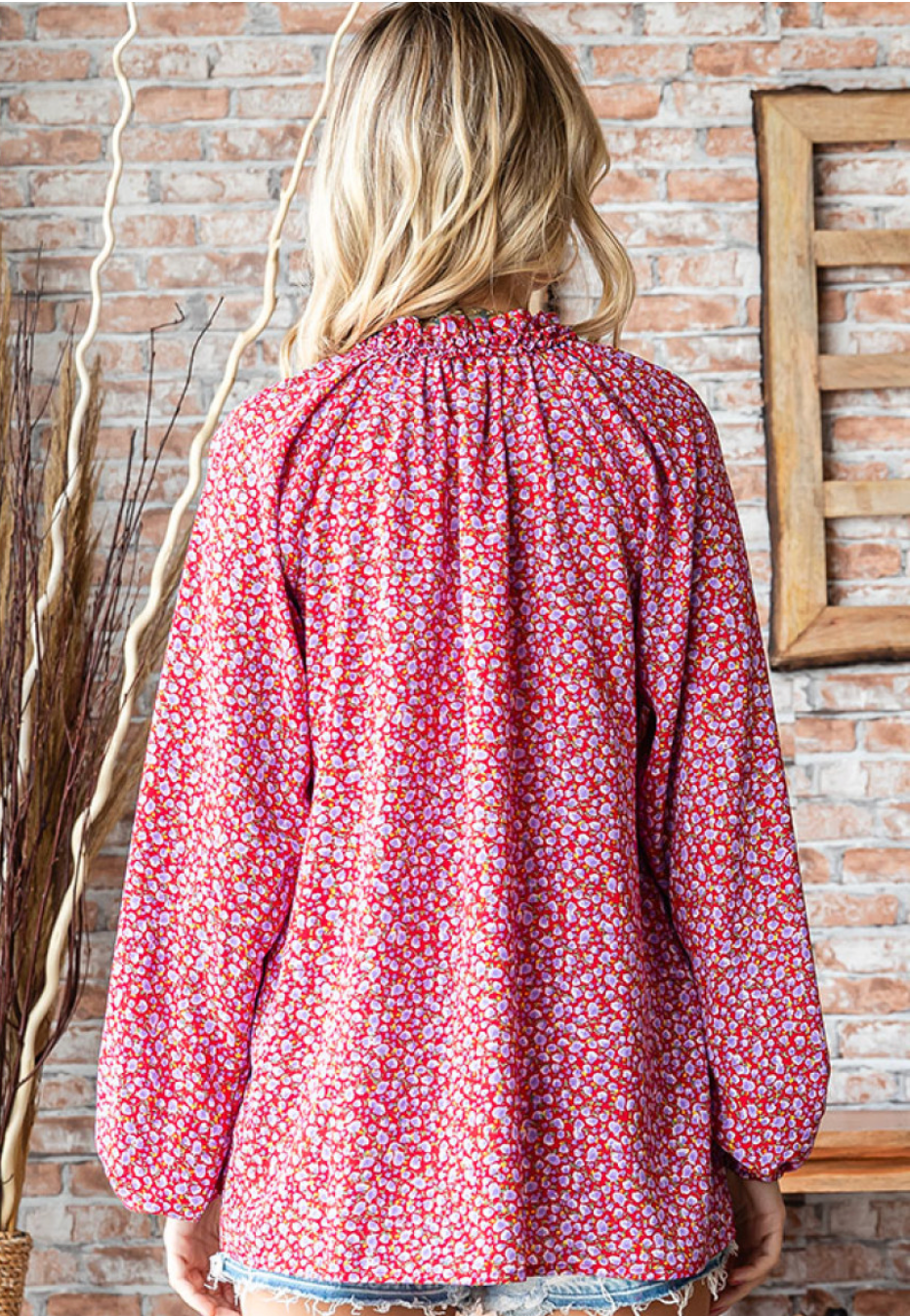 Ditsy Floral Long Sleeve Blouse in Red - FINAL SALE