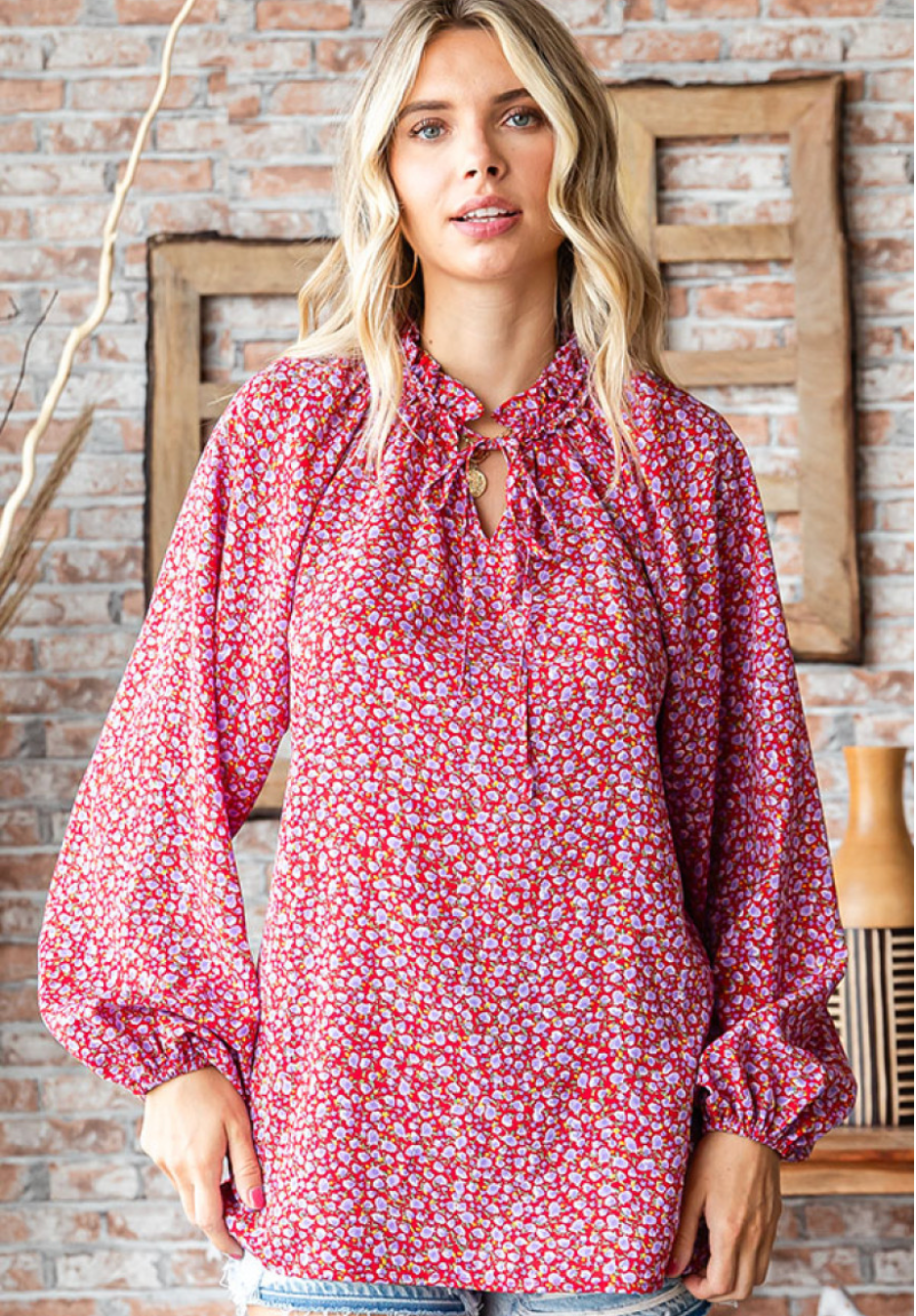 Ditsy Floral Long Sleeve Blouse in Red