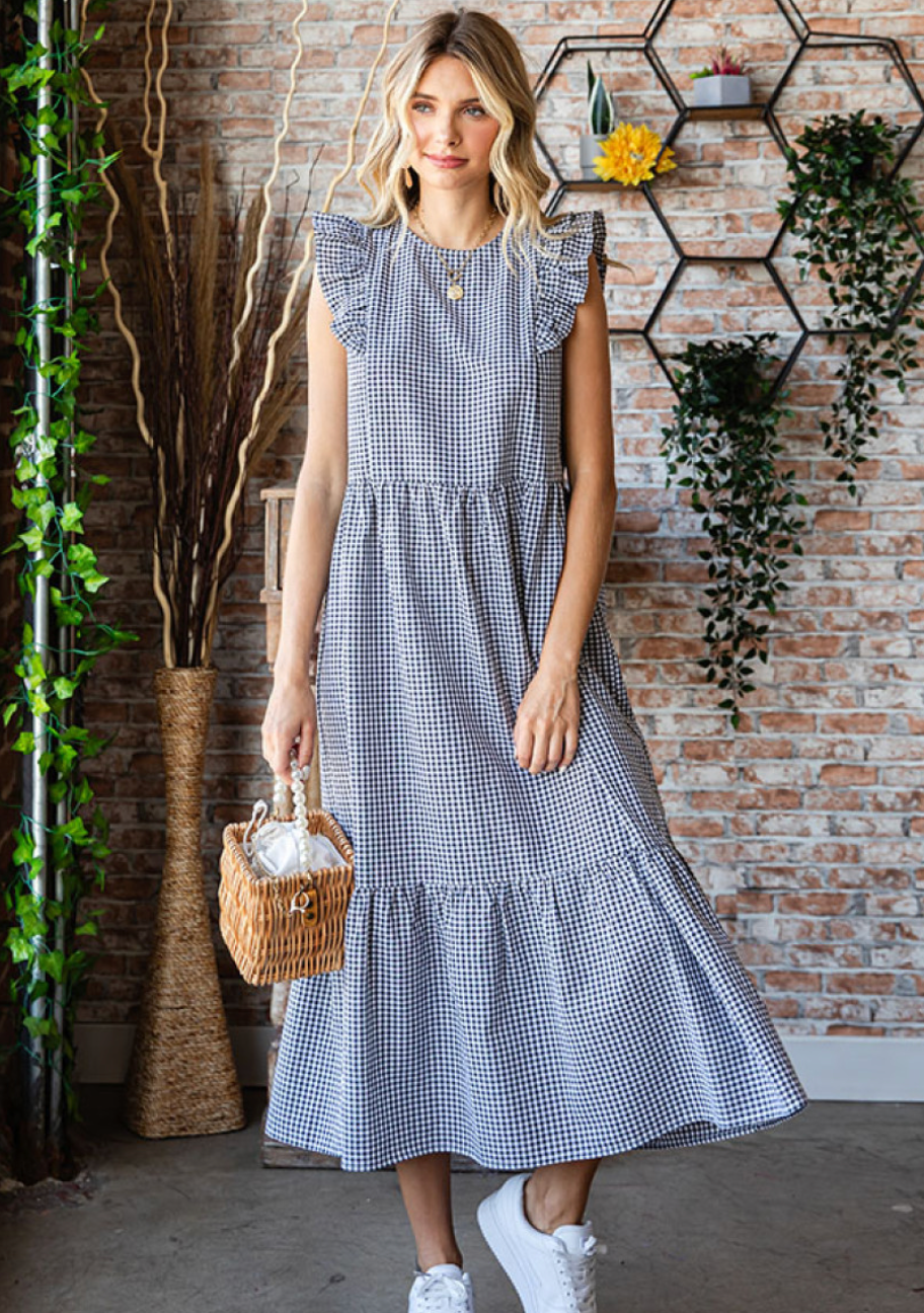 Gingham Print Flutter Sleeve Maxi Dress