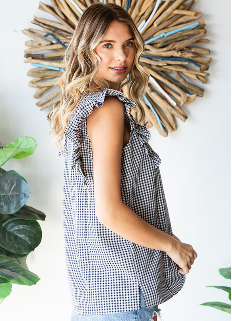 Gingham Flutter Sleeve Blouse