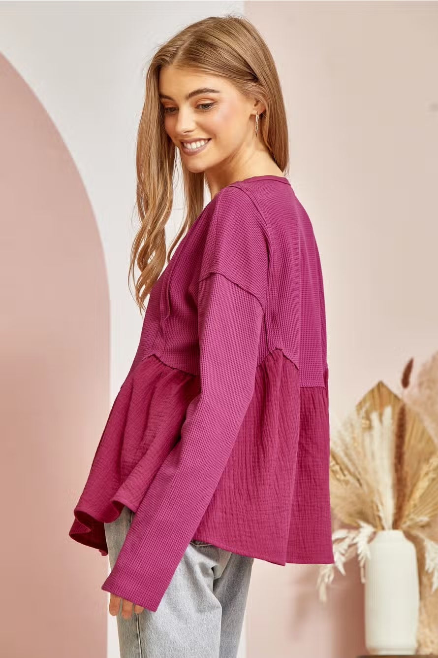 Waffle Knit Babydoll Top in Magenta
