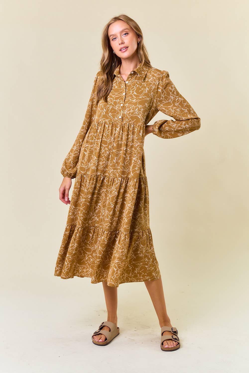 Button Down Long Sleeve Tiered Midi Dress in Camel