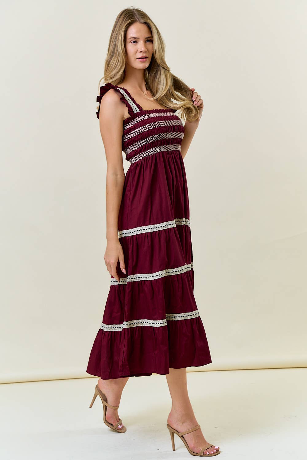 Smocked Ruffle Midi Dress in Burgundy