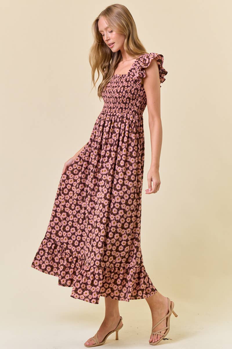 Chocolate & Pink Floral Smocked Midi Dress