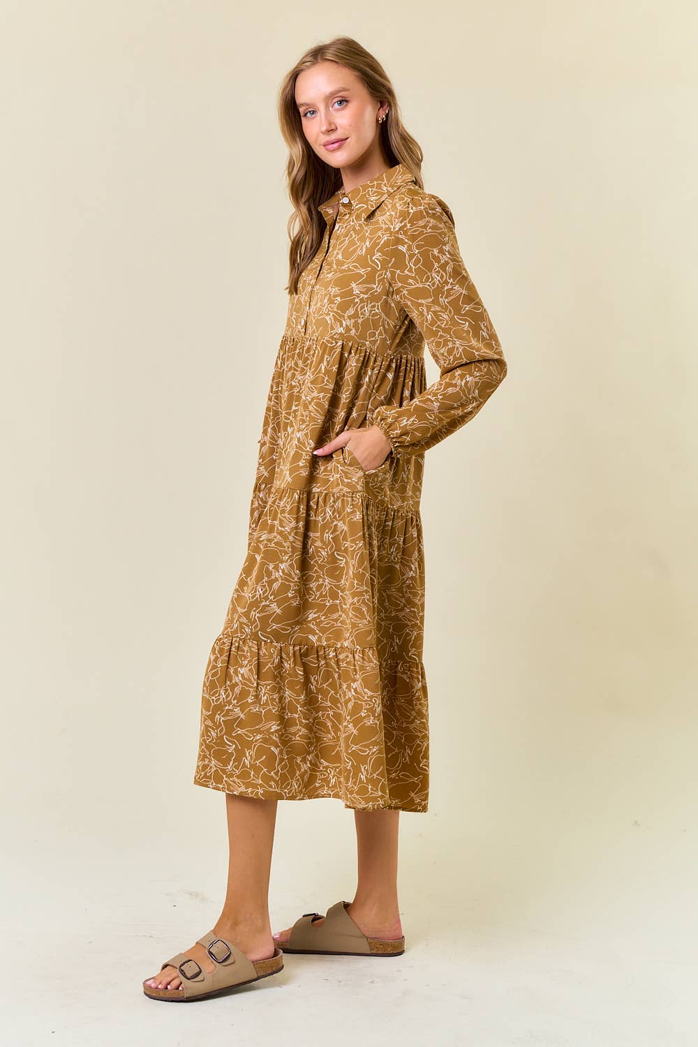 Button Down Long Sleeve Tiered Midi Dress in Camel