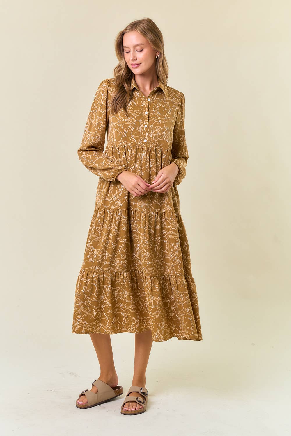 Button Down Long Sleeve Tiered Midi Dress in Camel