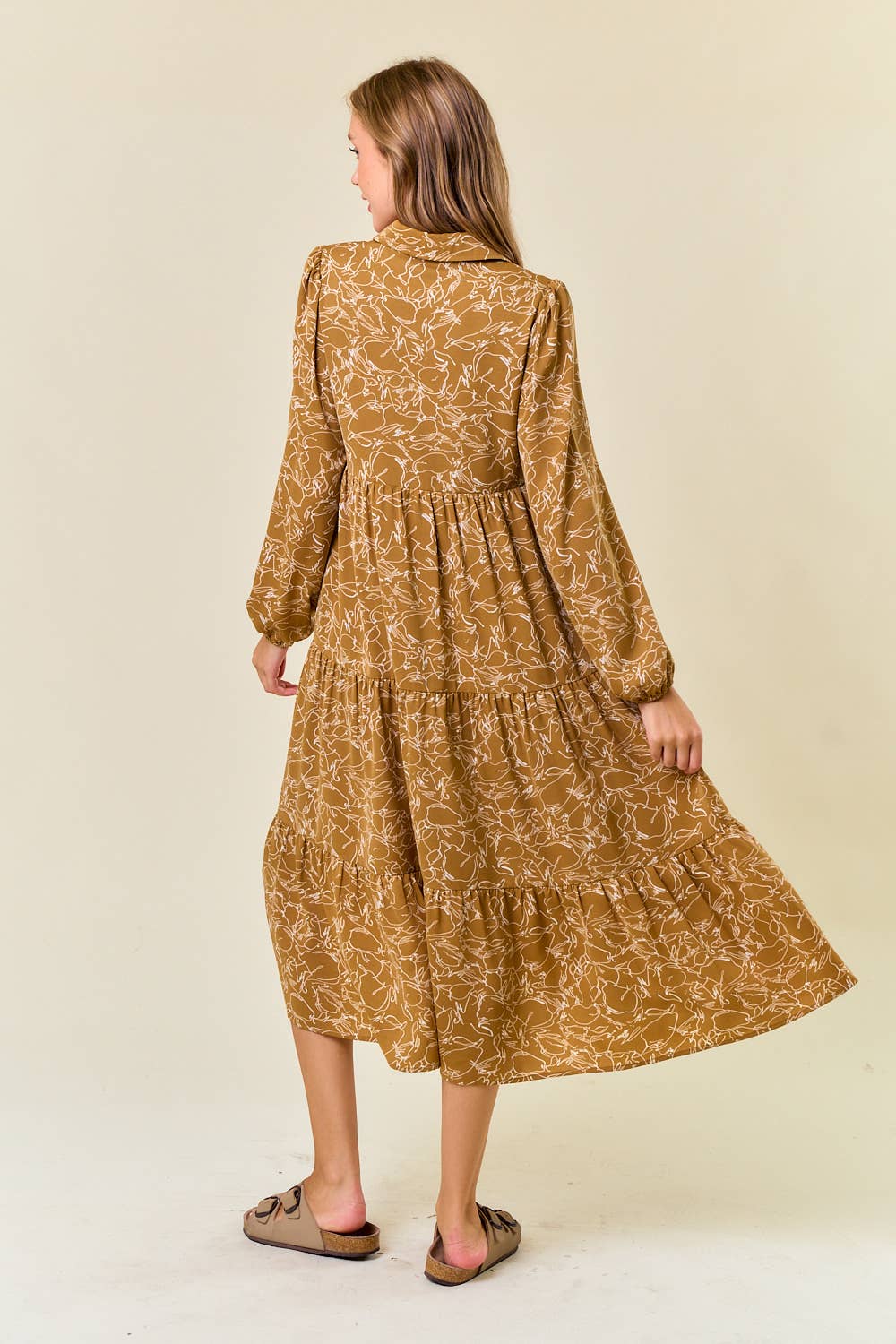 Button Down Long Sleeve Tiered Midi Dress in Camel