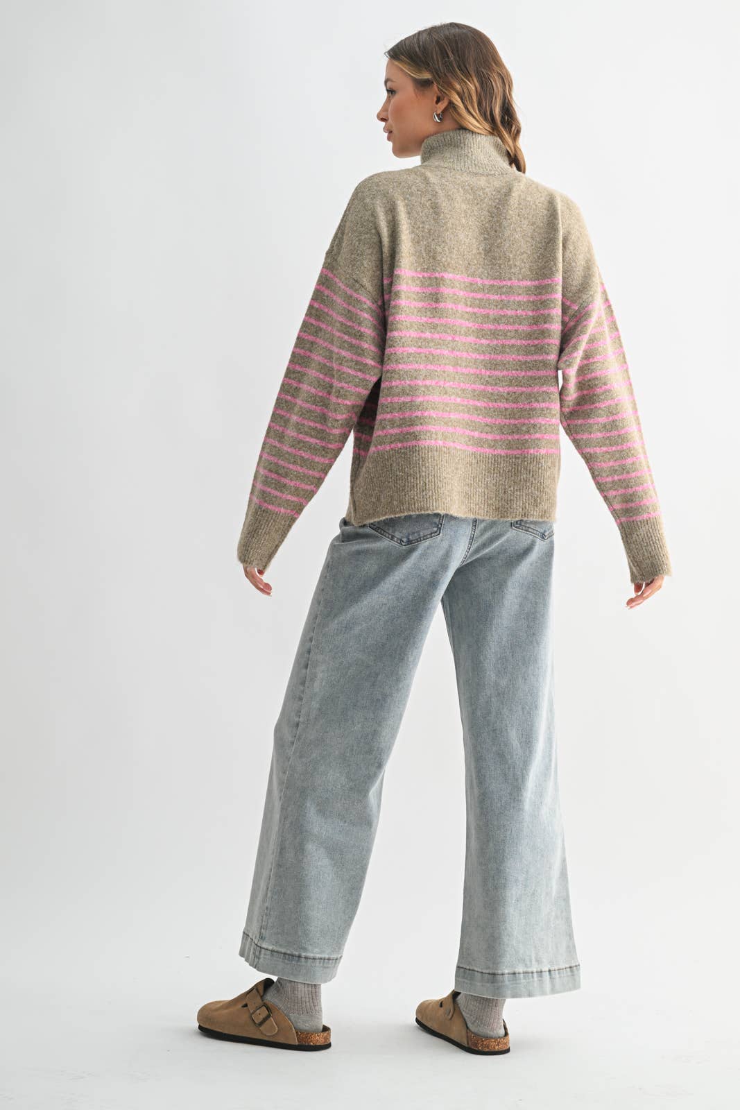 Striped Button Up Sweater in Mocha & Pink