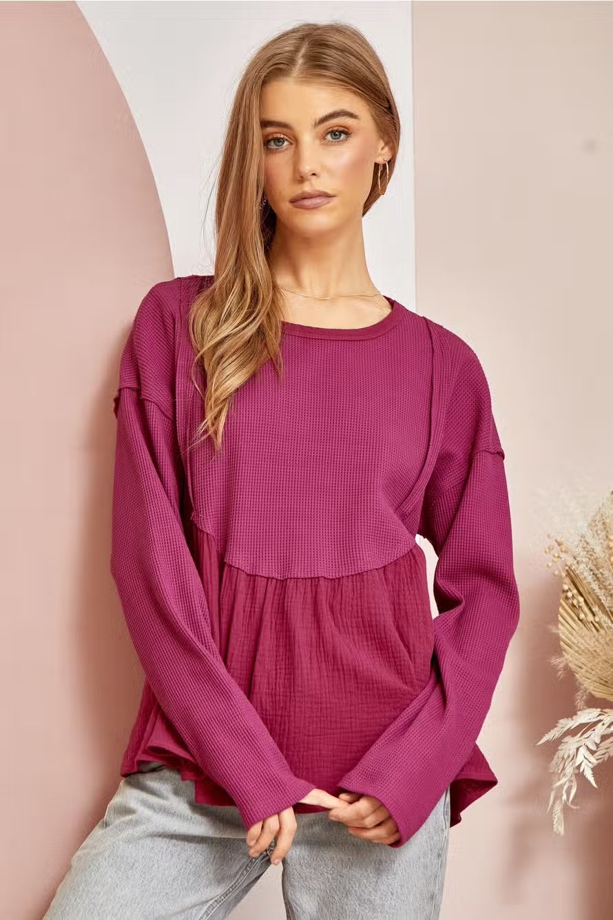 Waffle Knit Babydoll Top in Magenta