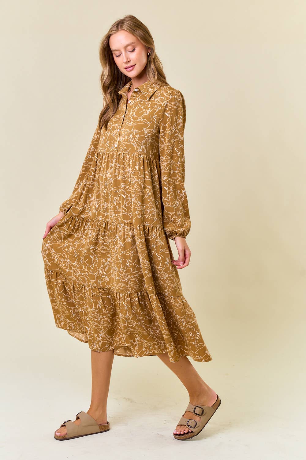 Button Down Long Sleeve Tiered Midi Dress in Camel