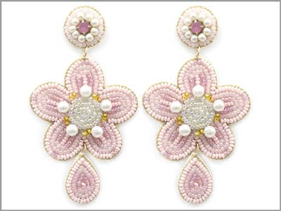 Pink Seed Bead and White Flower Earring