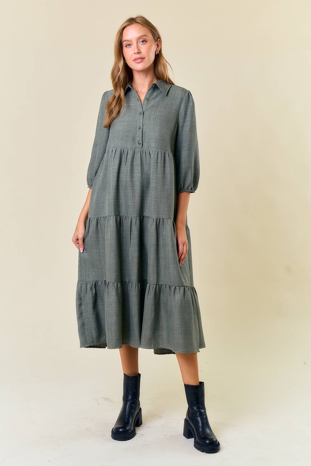 Button Down 3/4 Sleeve Tiered Midi Dress in Olive