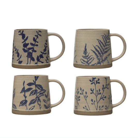 Hand-Stamped Stoneware Mug w/  Blue Botanicals