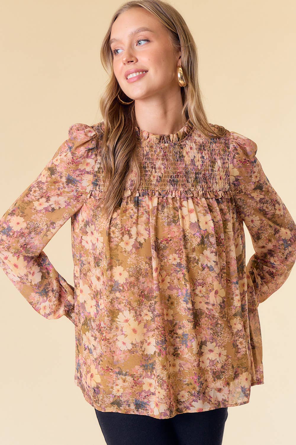 Smocked Floral Blouse in Golden Mustard