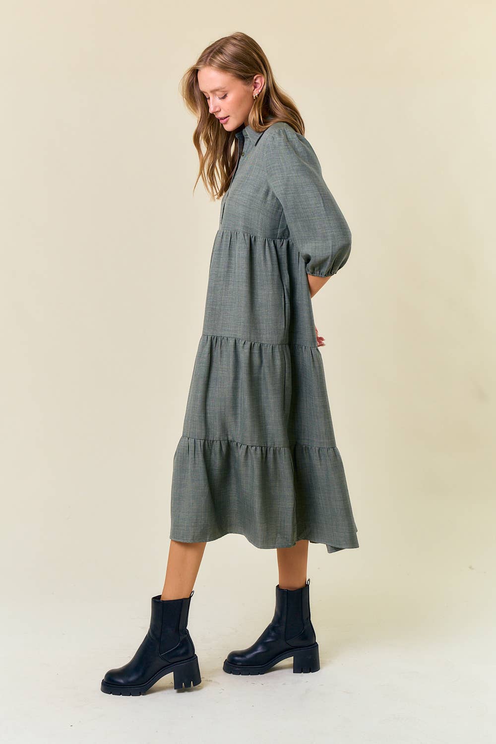 Button Down 3/4 Sleeve Tiered Midi Dress in Olive