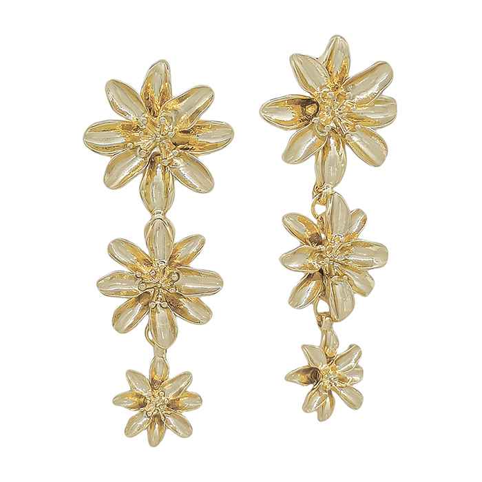 Gold Metal 3 Flower Drop Earrings