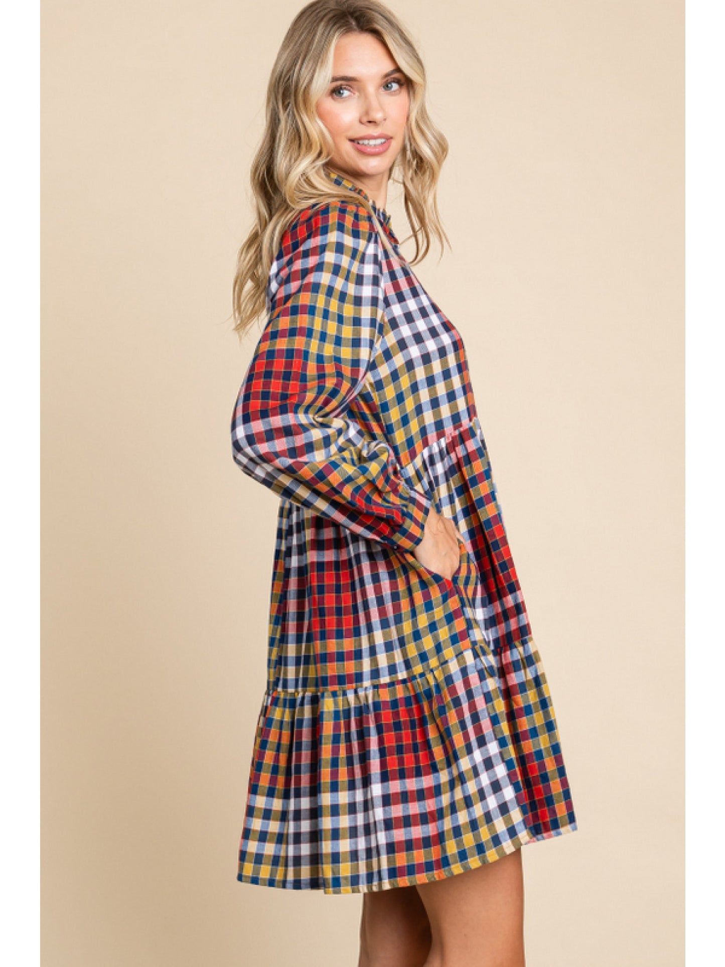 Button Front Plaid Dress in Navy & Red - FINAL SALE