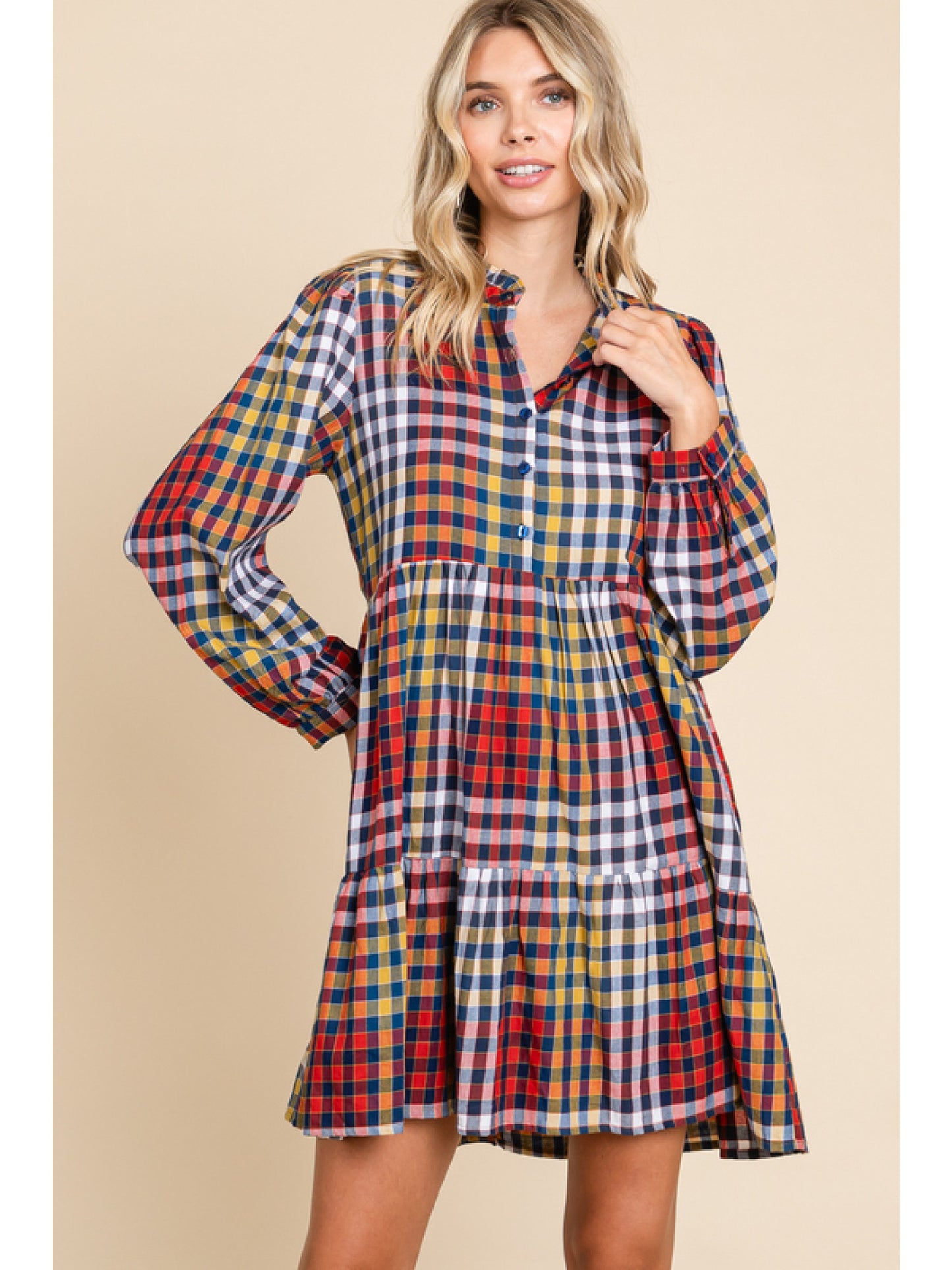 Button Front Plaid Dress in Navy & Red - FINAL SALE