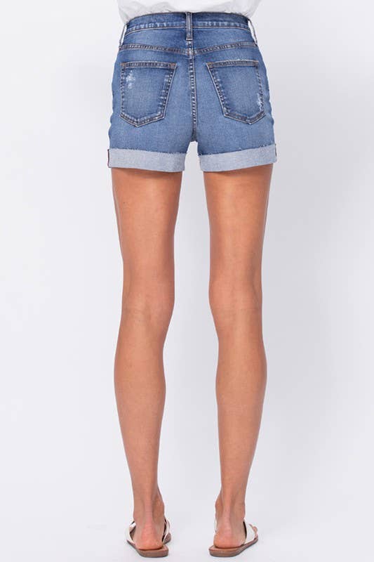 High Rise Shorts With Distress And Raw Cuff Hem - FINAL SALE