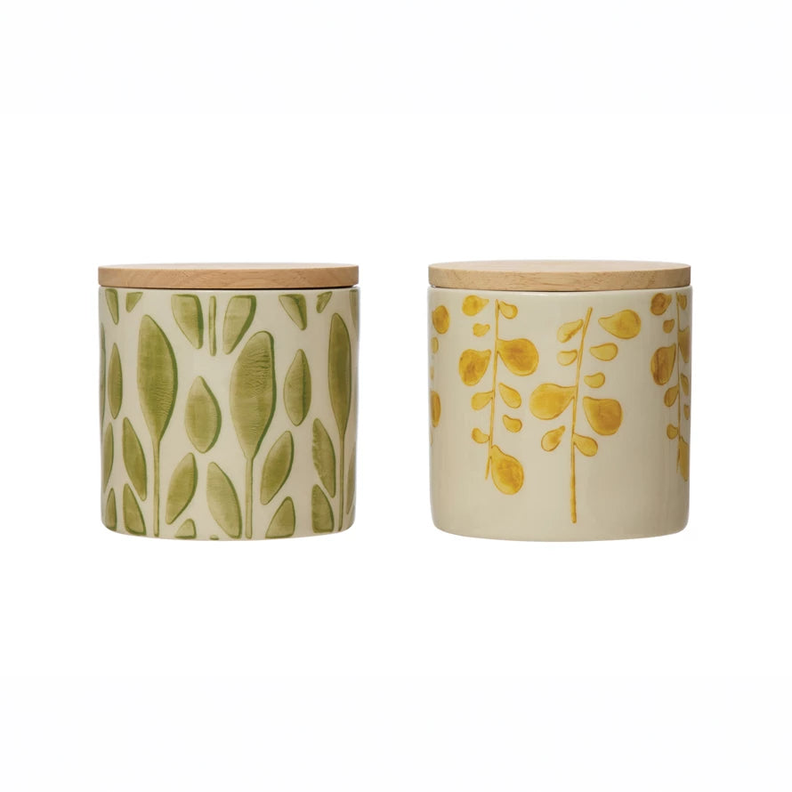 Hand-Stamped Stoneware Jar with Bamboo Lid and Floral Print