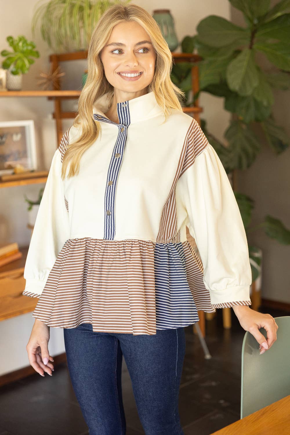 Half Snap Button Color Block Peplum Sweatshirt