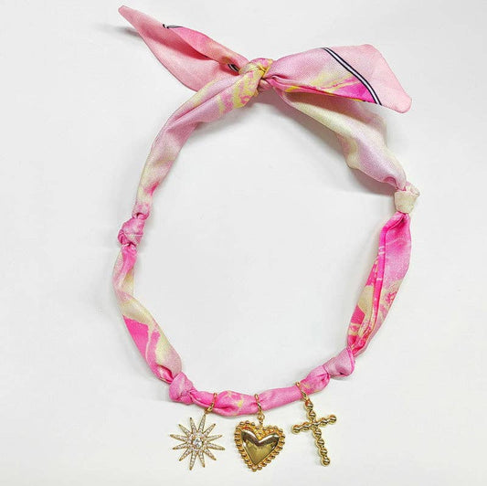 Scarf Necklace Hot Pink/White with Cross, Heart, and Rhinestone Starburst