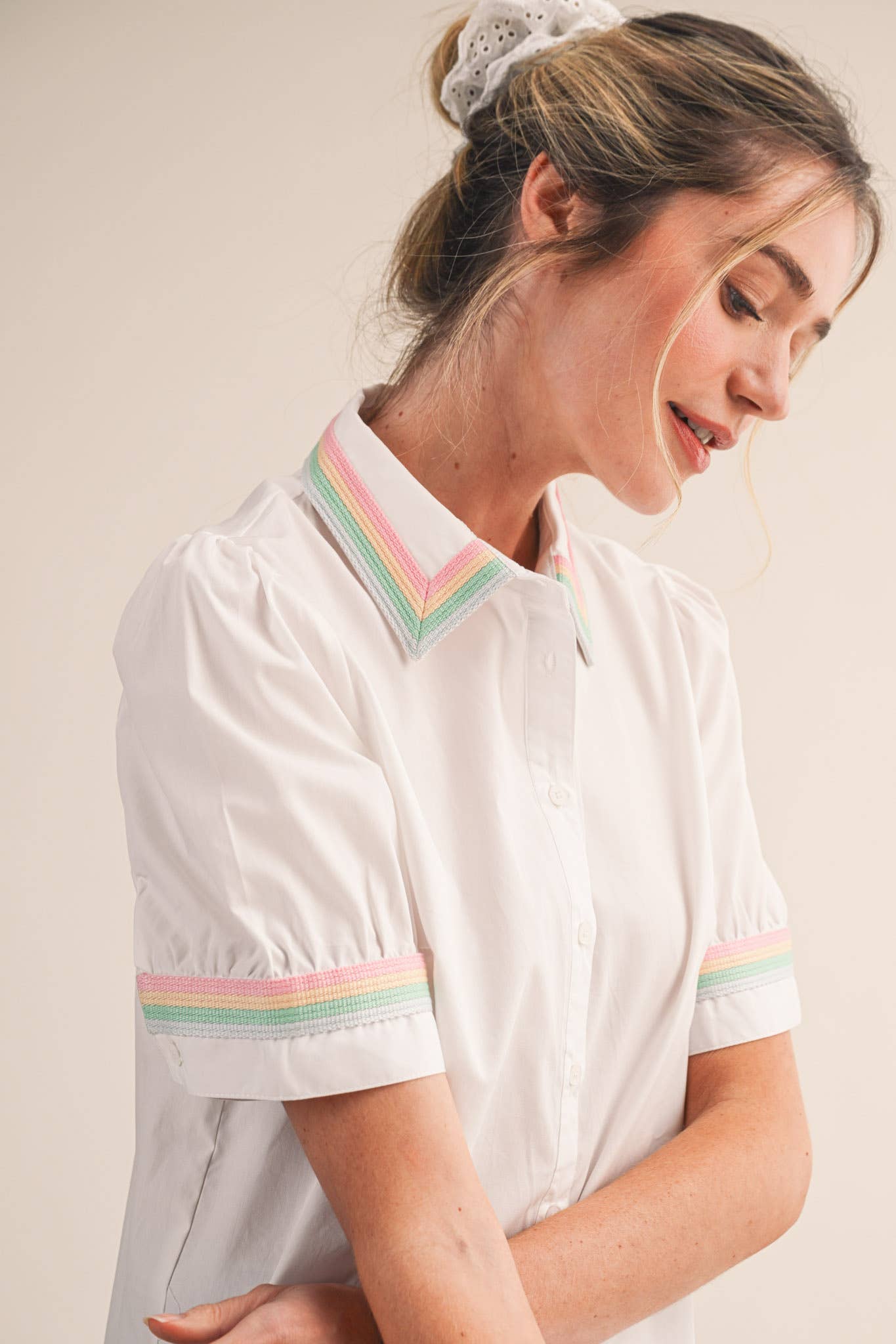 Pastel Pop Short Sleeve Button-Up in White