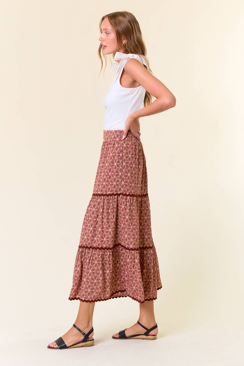 Geo Floral Rick Rack Maxi Skirt in Terracotta