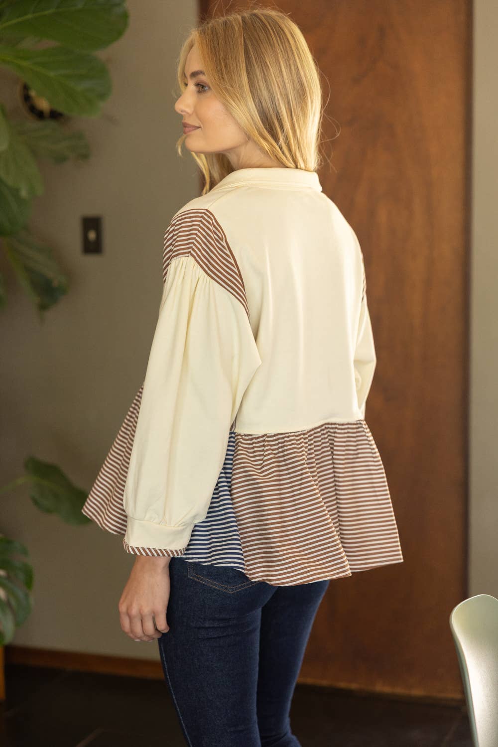 Half Snap Button Color Block Peplum Sweatshirt