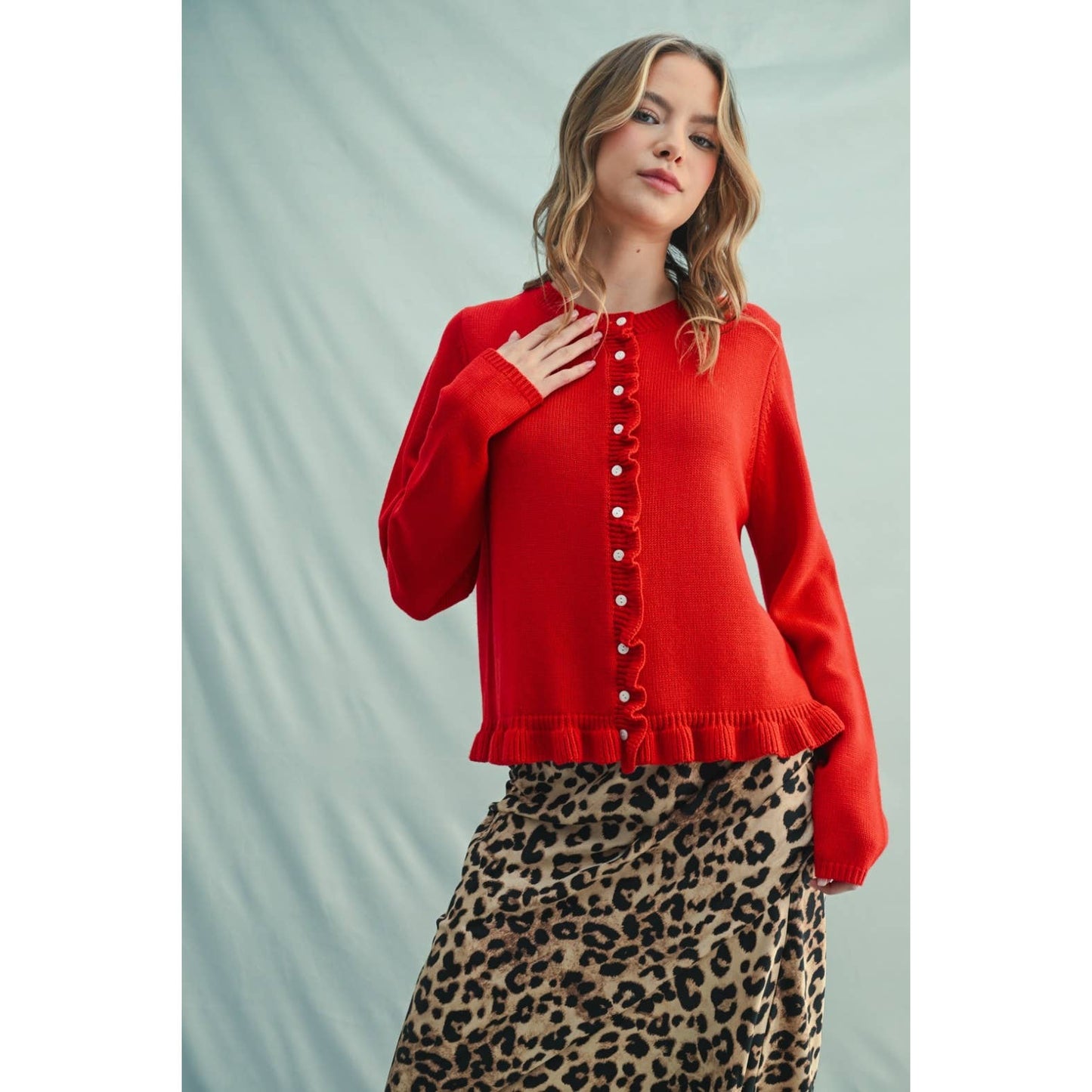 Ruffle Hem Cardigan in Cherry Red