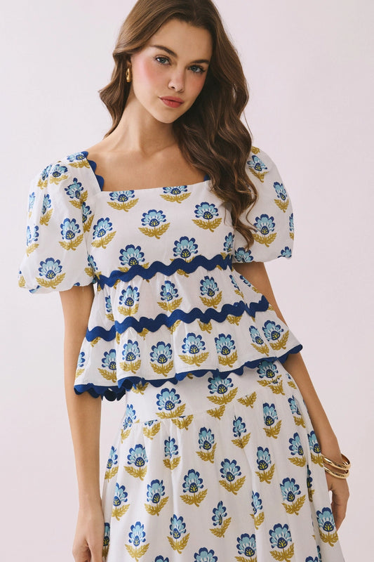 The Marlowe Peplum Top in White & Blue
