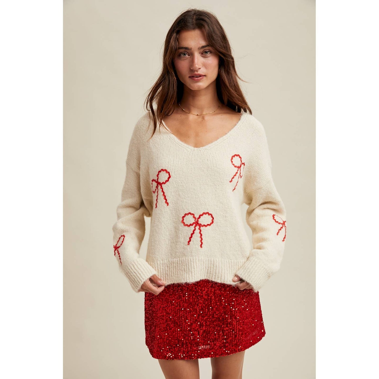 Red Bow Sweater in Cream