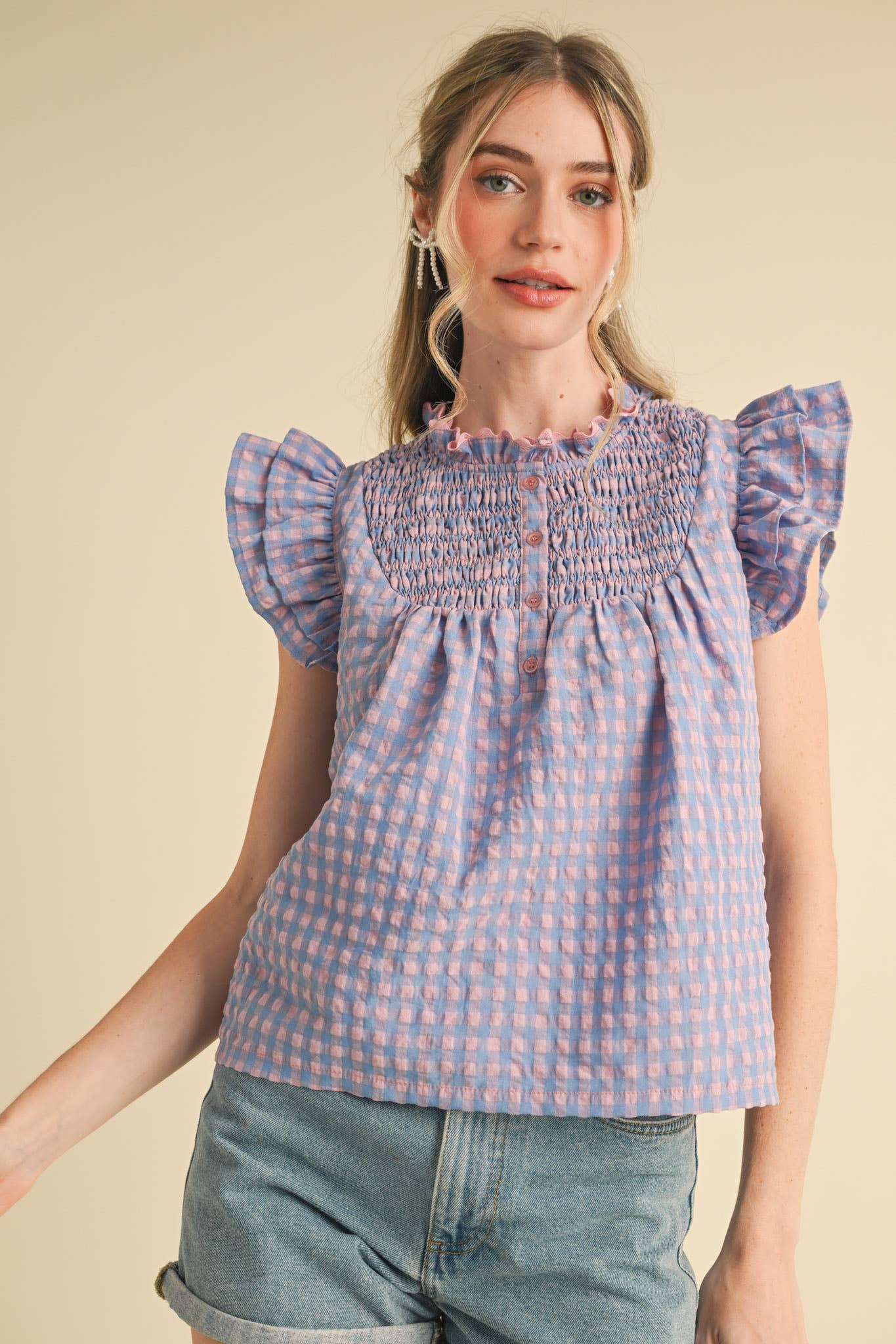 Gingham Flutter Sleeve Top in Pink & Blue
